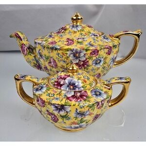 James Sadler Sophie Chintz Venice Yellow Floral Sugar Bowl Lid England 46187